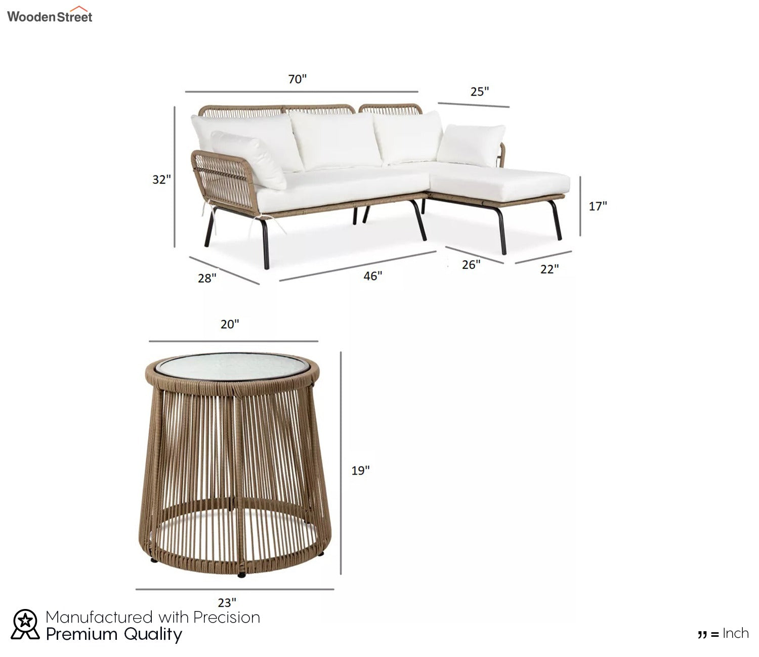 White Detachable L Shaped Rope Outdoor Sofa with Table and White Cushion Set