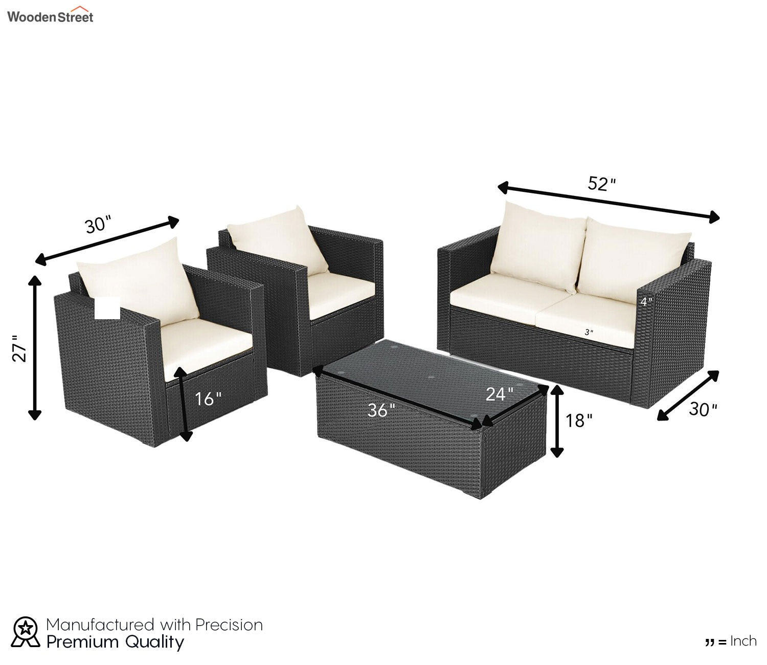 Black Rattan And Wicker 4 Seater Outdoor Furniture Set With Table And Cream Cushions
