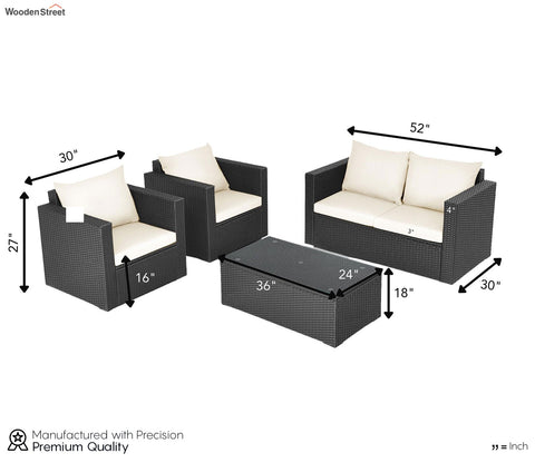 Black Rattan And Wicker 4 Seater Outdoor Furniture Set With Table And Cream Cushions