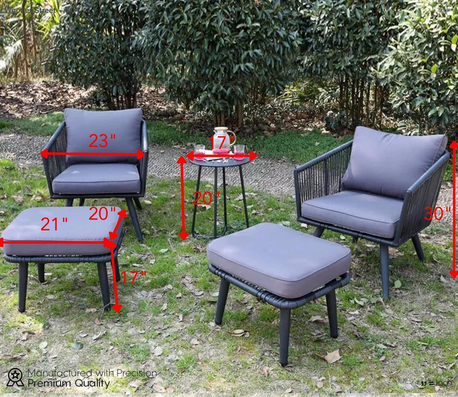 Black Rope 4 Seater Sofa Set With Round Table And Grey Cushions