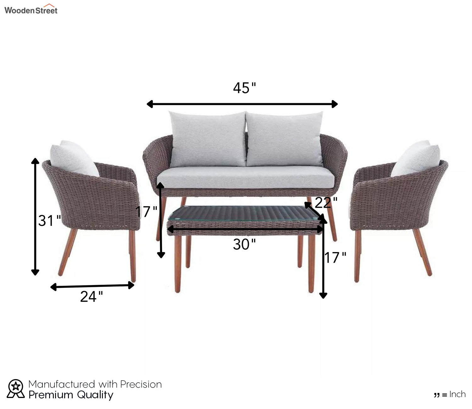 Dark Brown Rattan And Wicker 4 Seater Patio Set With Table And Grey Cushions