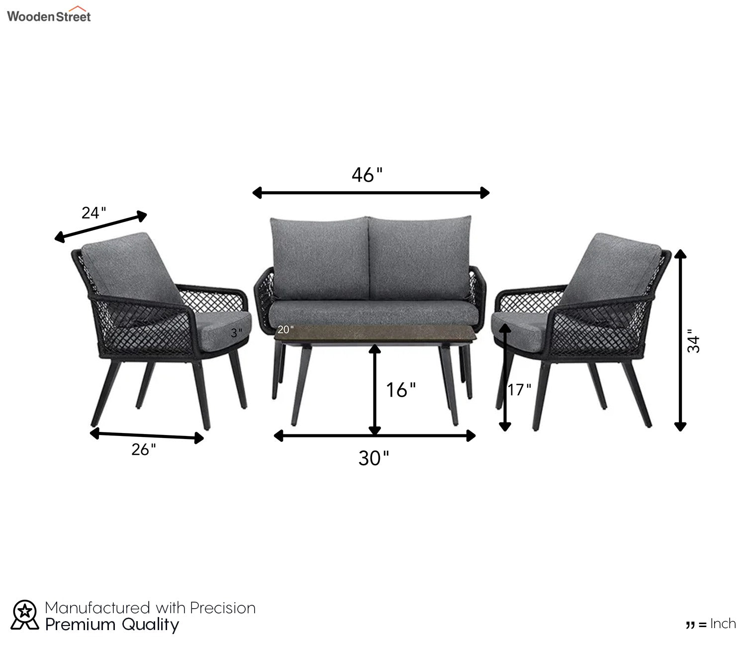 Black Rope 4 Seater With Table And Grey Cushions