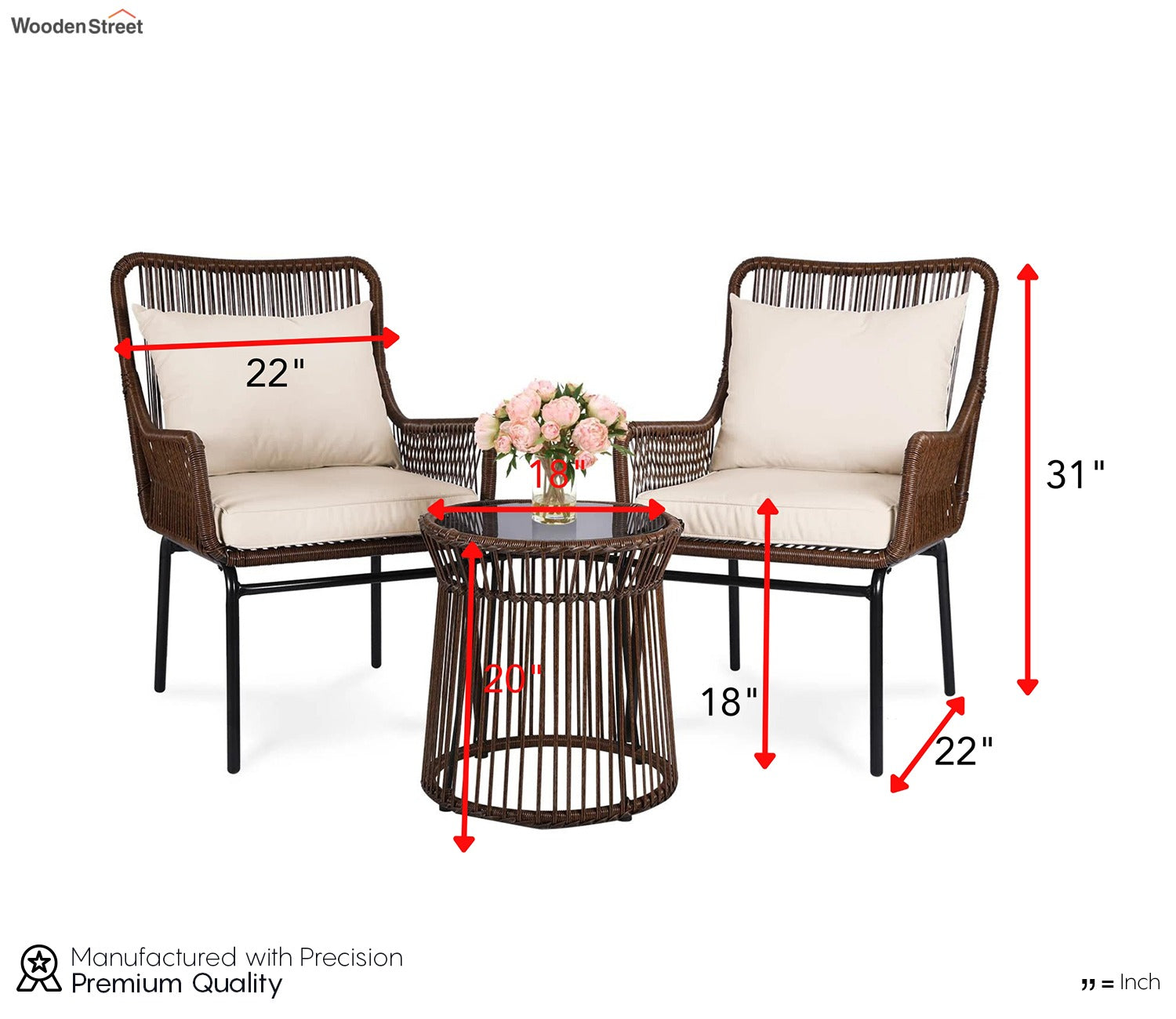 Dark Brown Rattan 2 Seater Chair With Table And Cream Cushions Balcony Set
