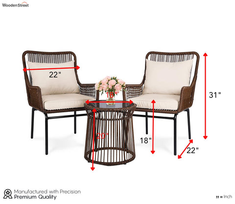 Dark Brown Rattan 2 Seater Chair With Table And Cream Cushions Balcony Set