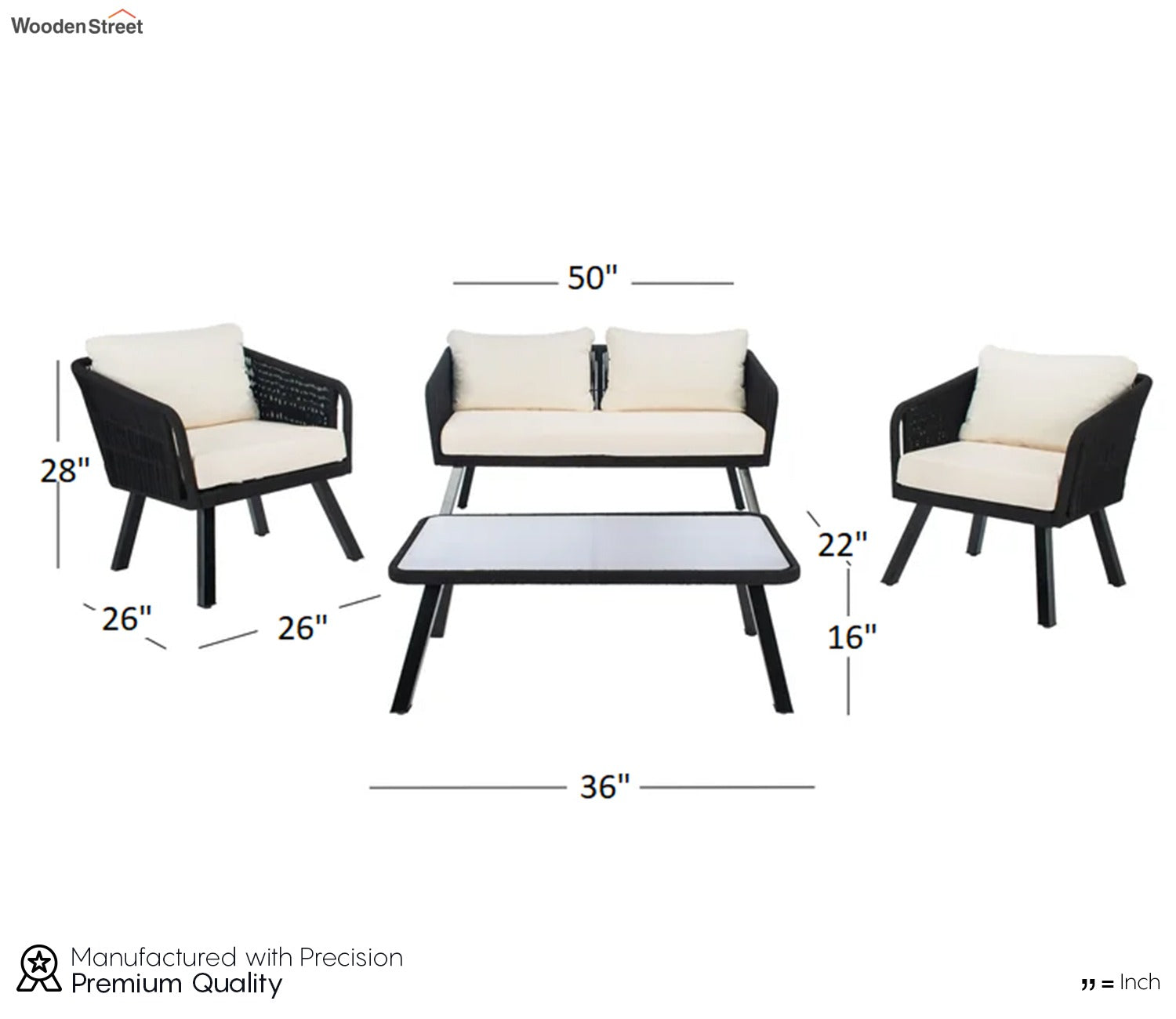 Black Rope 4 Seater With Table And Off-White Cushions Patio Set