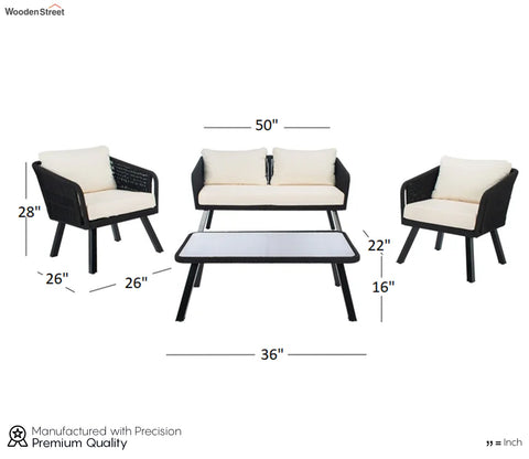 Black Rope 4 Seater With Table And Off-White Cushions Patio Set