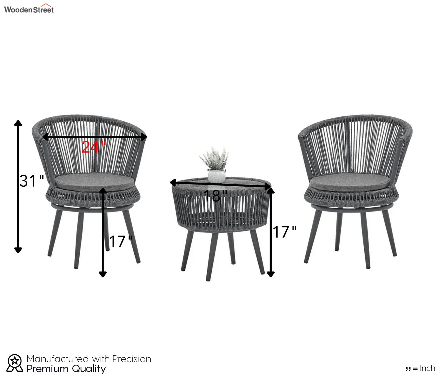 Grey Rope 2 Seater Chair Set With Round Table And Grey Cushions