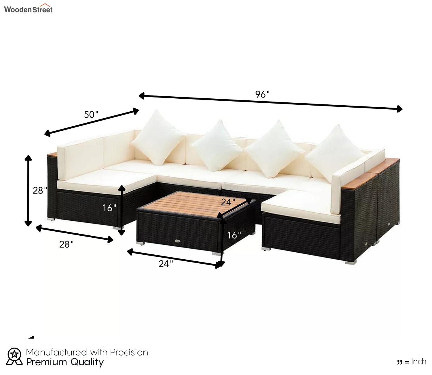 Black Rattan And Wicker 6 Seater Patio Set With Table And Cream Cushions