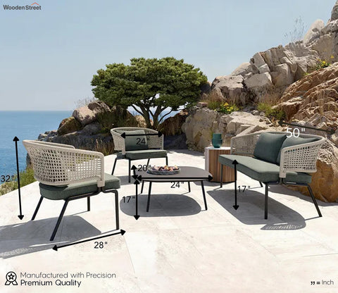 White Rope 4 Seater Sofa Set With Table And Dark Green Cushions