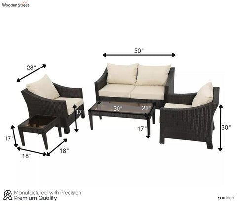 Dark Brown Rattan And Wicker 4 Seater Patio Set With Table And Cream Cushions