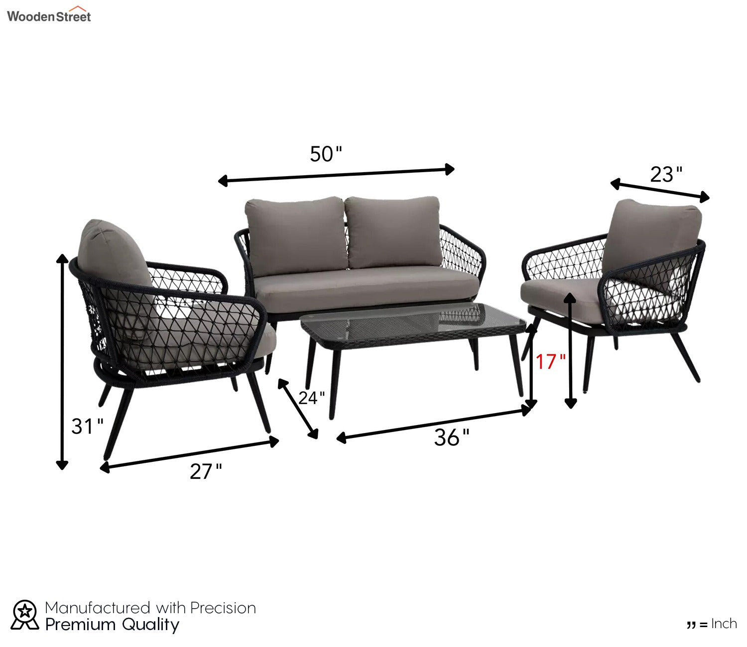 Grey Rope 4 Seater Sofa Set With Table And Black Cushions