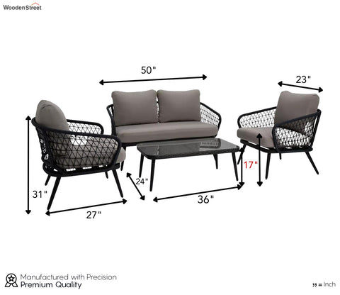 Grey Rope 4 Seater Sofa Set With Table And Black Cushions