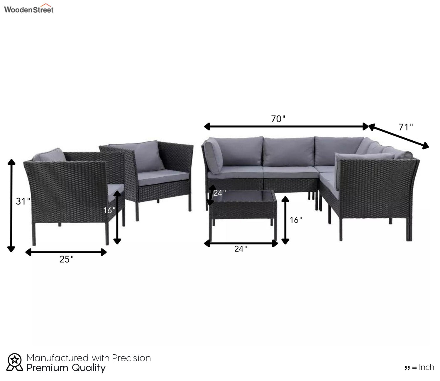 Black Rattan And Wicker 7 Seater Patio Set With Table And Grey Cushions