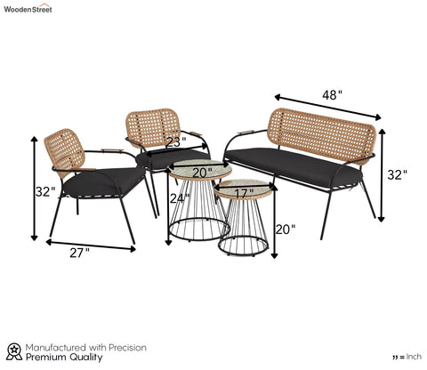 Beige Rope 4 Seater Sofa Set With Table And Black Cushions