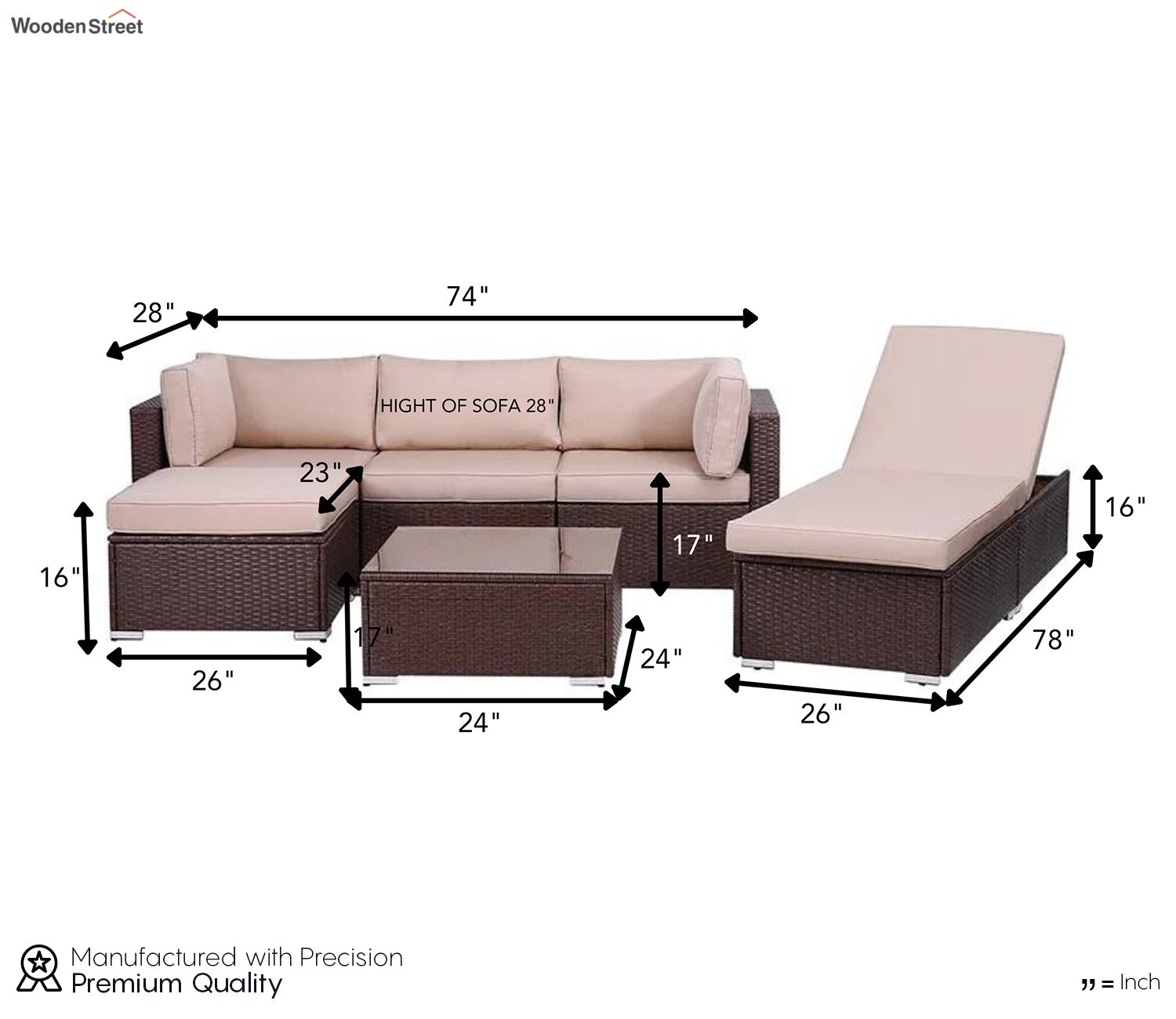 Dark Brown Rattan And Wicker 5 Seater Sofa Set With Table And Cream Cushions