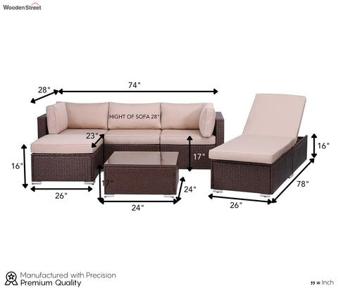 Dark Brown Rattan And Wicker 5 Seater Sofa Set With Table And Cream Cushions