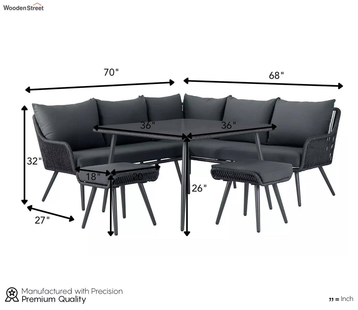 Black Rope L Shape Sofa Set With Table And Black Cushions