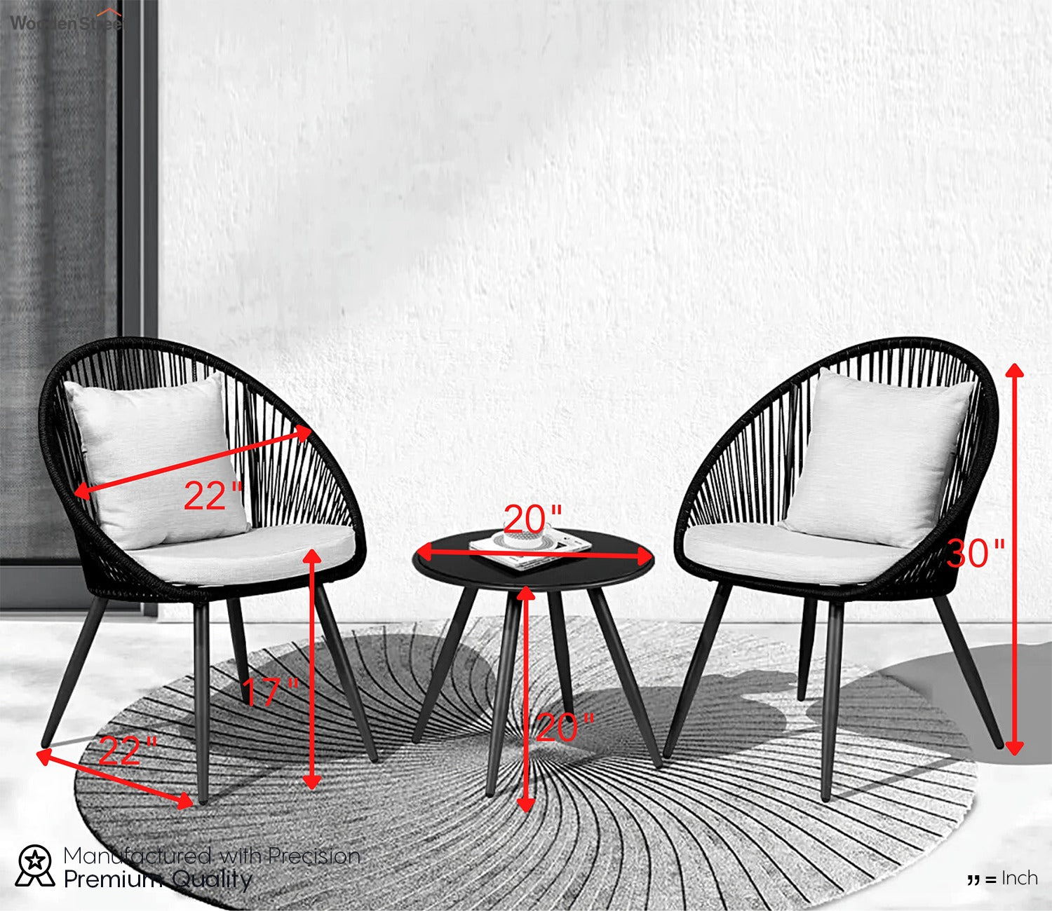 Black Rope 2 Seater Chair With Table And Off White Cushions Patio Set