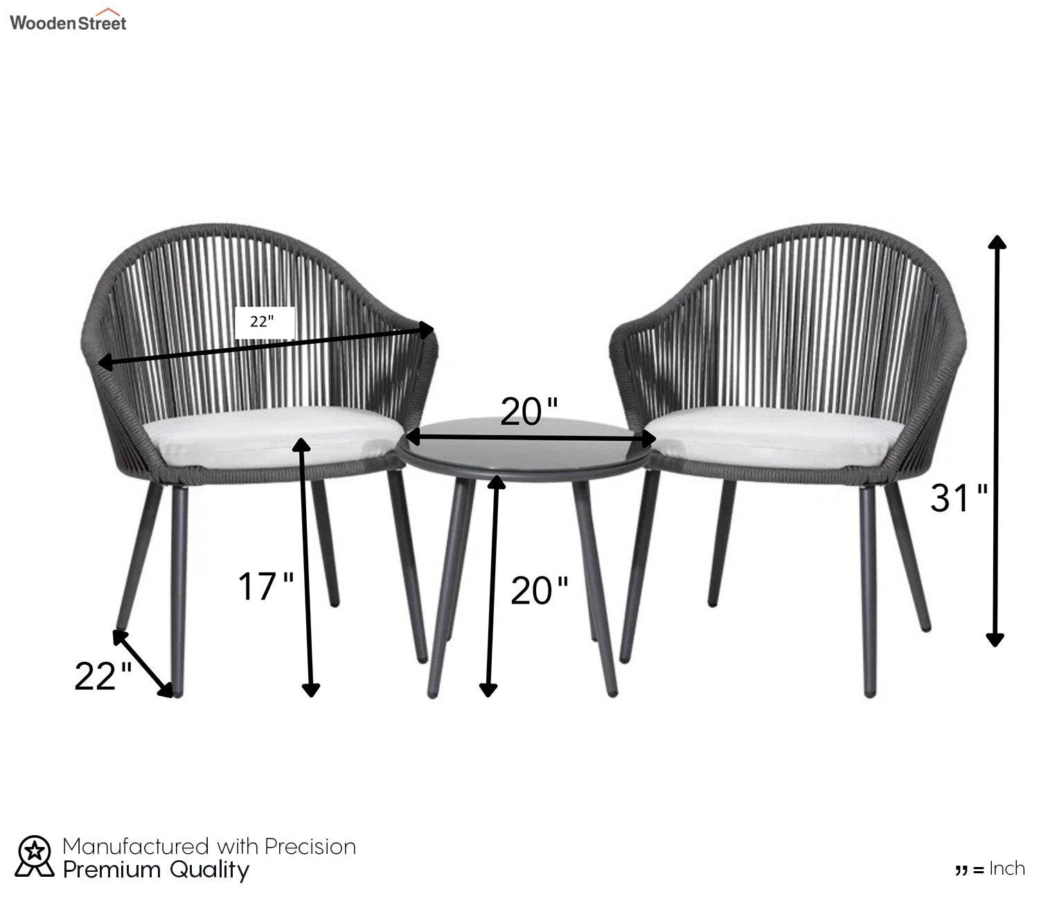 Dark Grey Rope 2 Seater Chair With Table And Off-White Cushions Balcony Sets