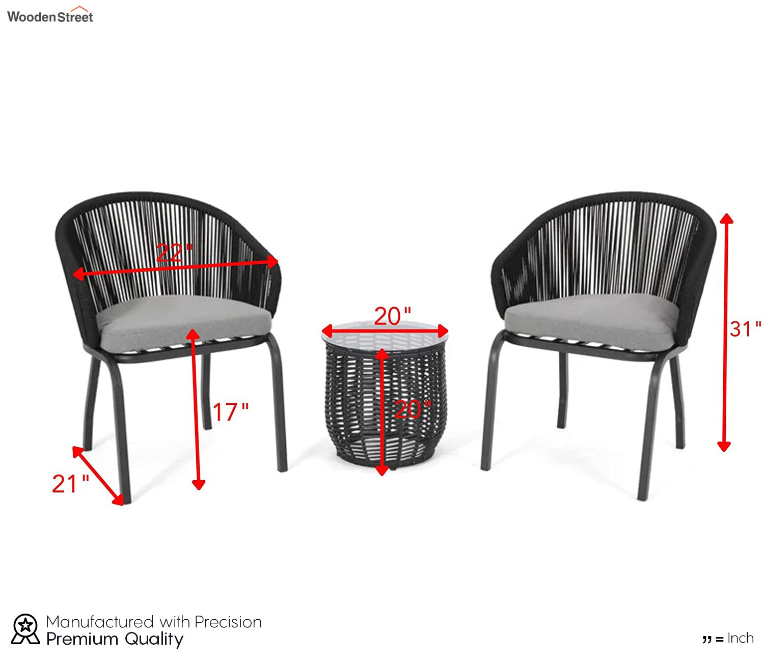 Black Rope 2 Seater Chair With Table And Grey Cushions Balcony Set
