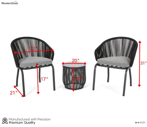 Black Rope 2 Seater Chair With Table And Grey Cushions Balcony Set