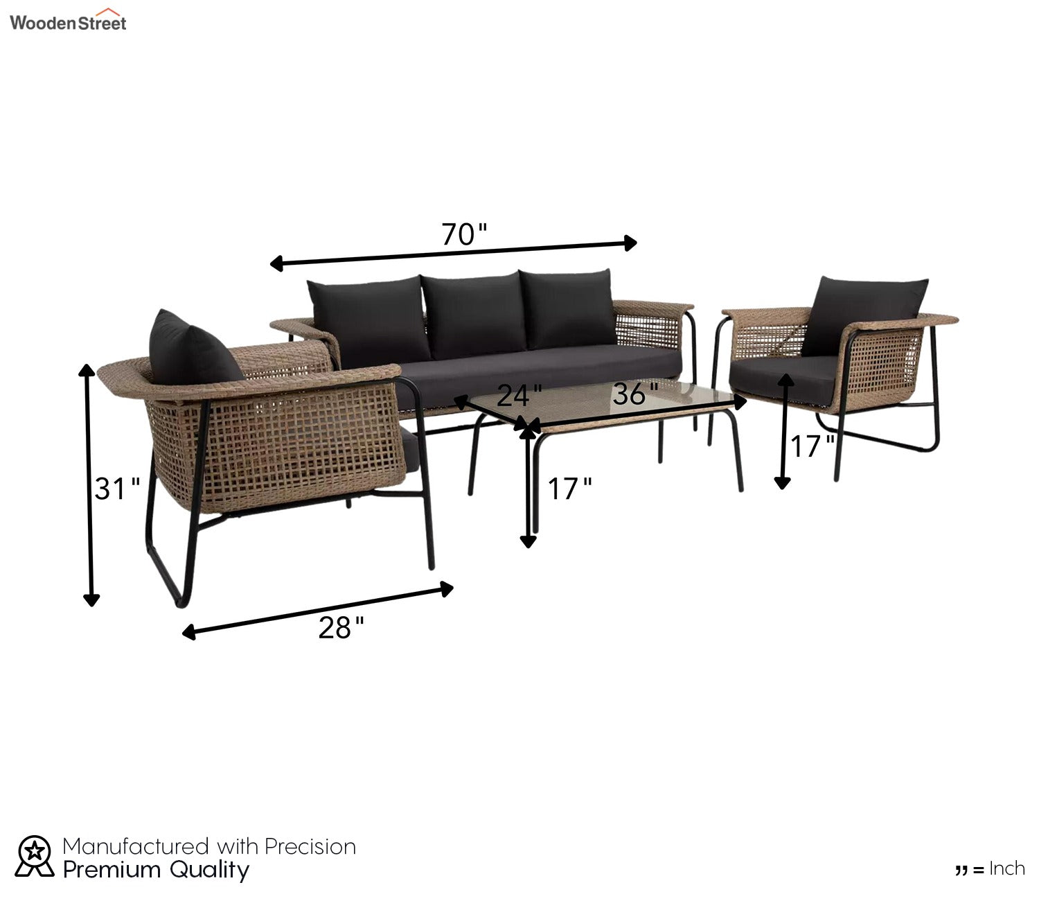 Brown Rattan And Wicker 5 Seater Sofa Set With Table And Black Cushions