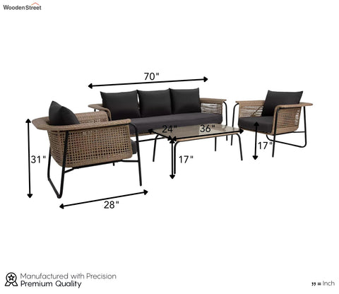 Brown Rattan And Wicker 5 Seater Sofa Set With Table And Black Cushions