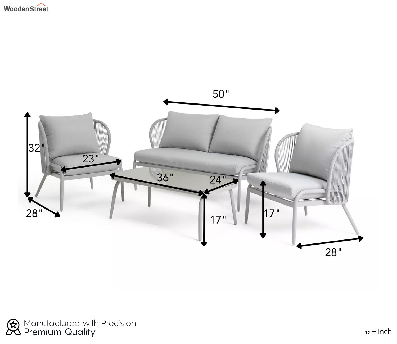 White Rope 4 Seater Sofa Set With Table And White Cushions