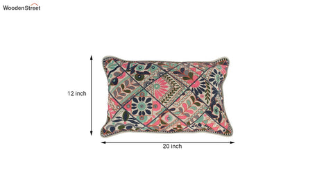 Multicolor Embroidered Cotton Cushion Cover - Set of 1 (20 x 12 inch, Blue)