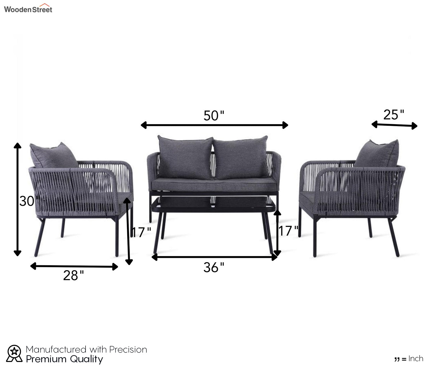 Grey Color Rope 4 Seater Sofa Set With Table And Grey Color Cushions