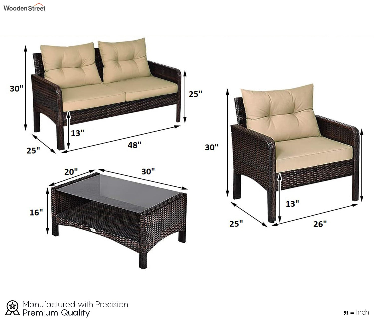 Dark Brown Rattan And Wicker Sofa Patio Set With Cream Cushions And Table