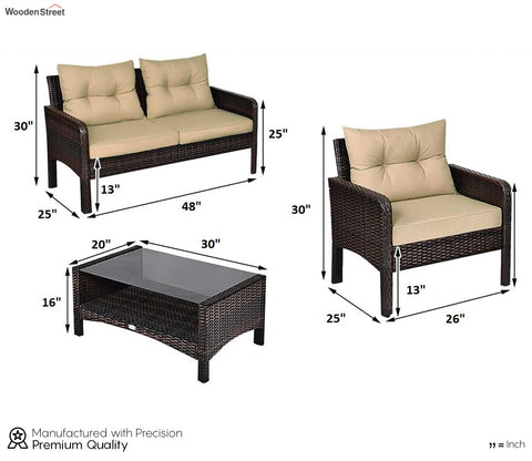 Dark Brown Rattan And Wicker Sofa Patio Set With Cream Cushions And Table