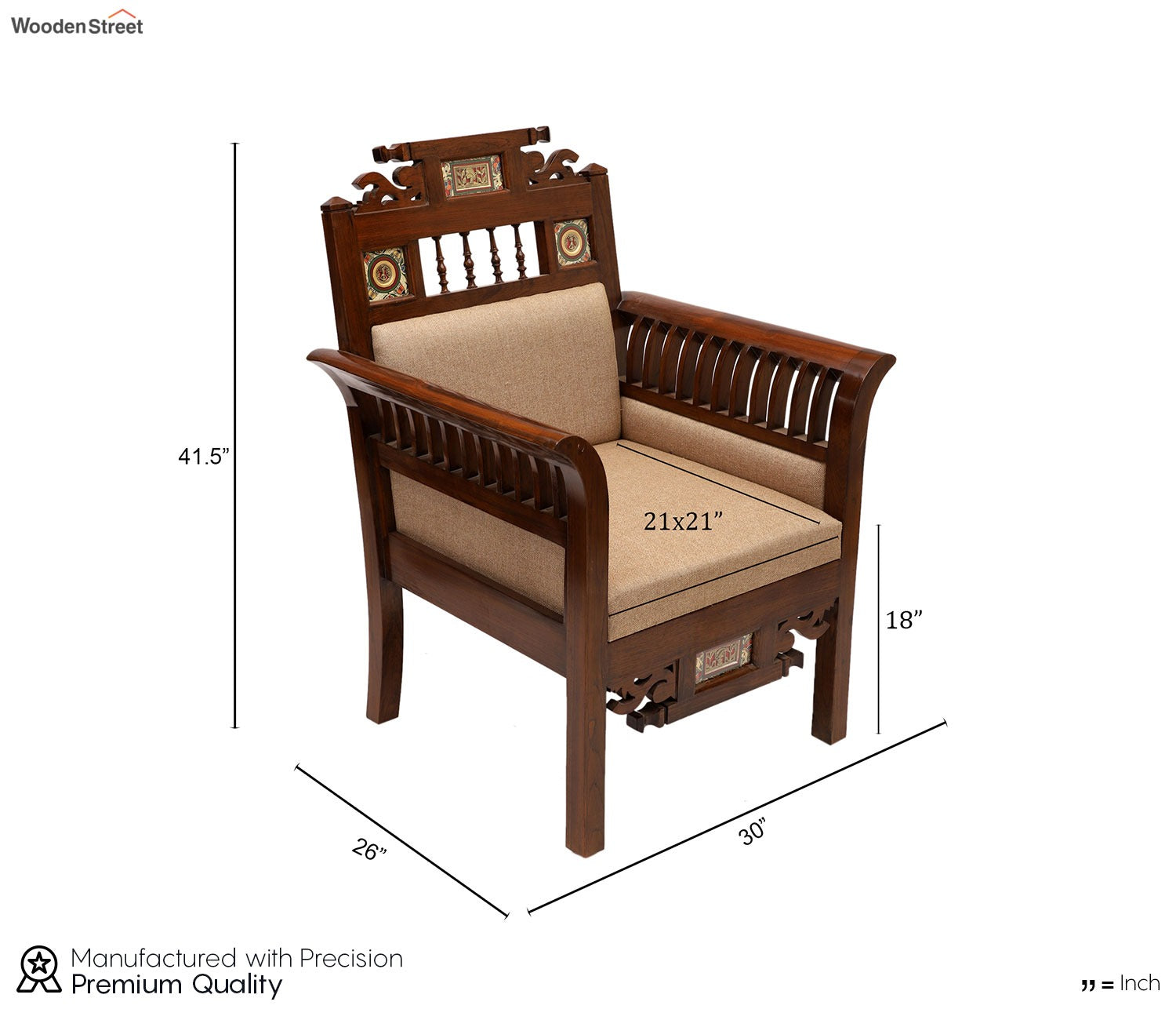 Maharaja-II Single Seater Sofa in Teakwood with Walnut Finish adorned with Dhokra Brass Frames