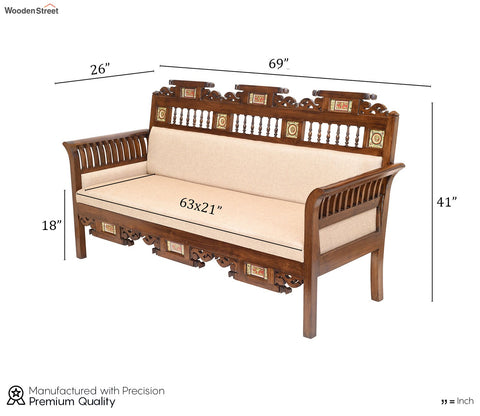 Maharaja-1 Three Seater Sofa in Teakwood with Walnut Finish adorned with Dhokra Brass Frames