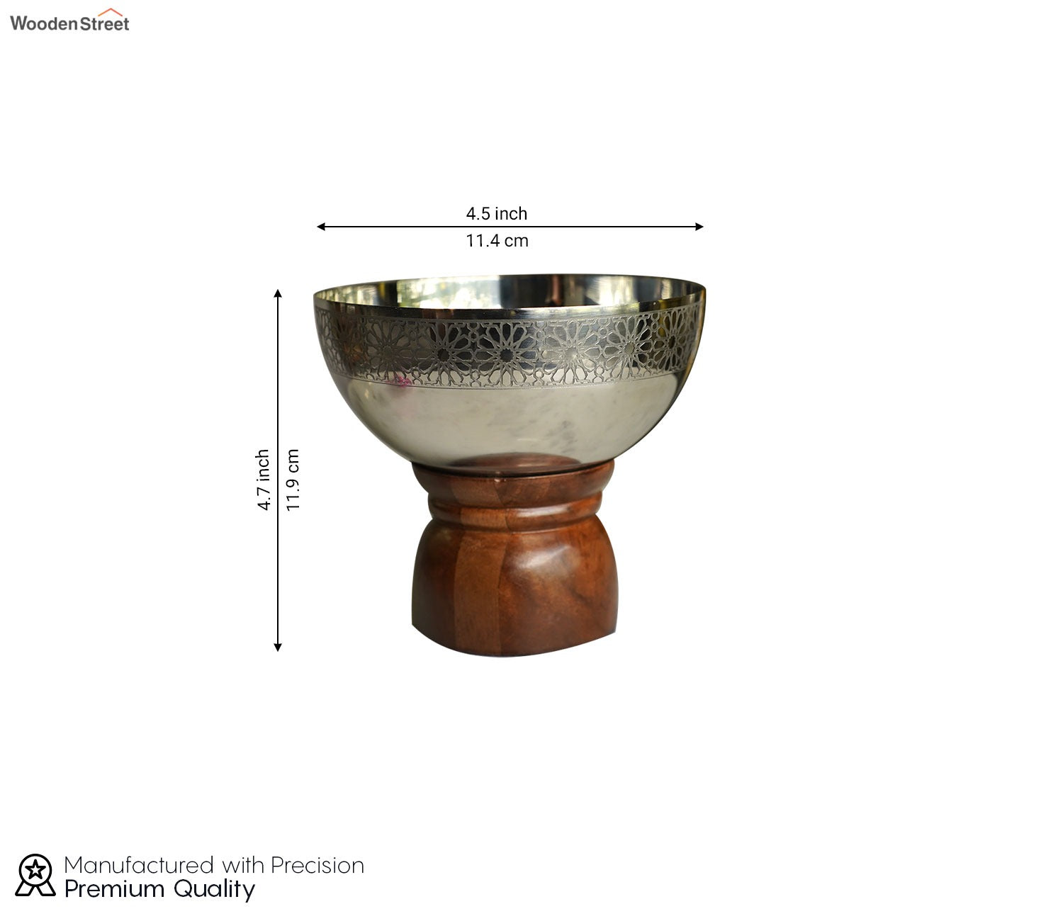 Ranier Metal and Wooden Base Round Bowl (S, Silver)