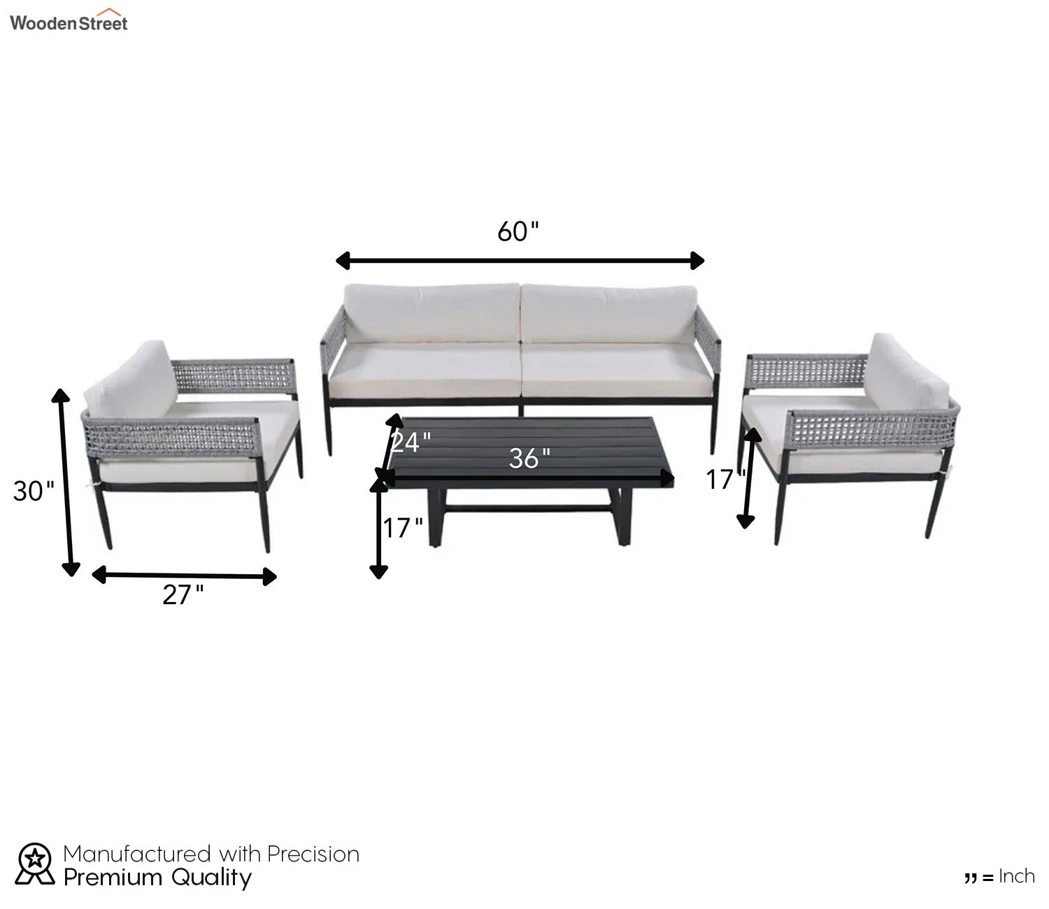 Grey Rope 4 Seater Sofa Set With Table And Cream Color Cushions
