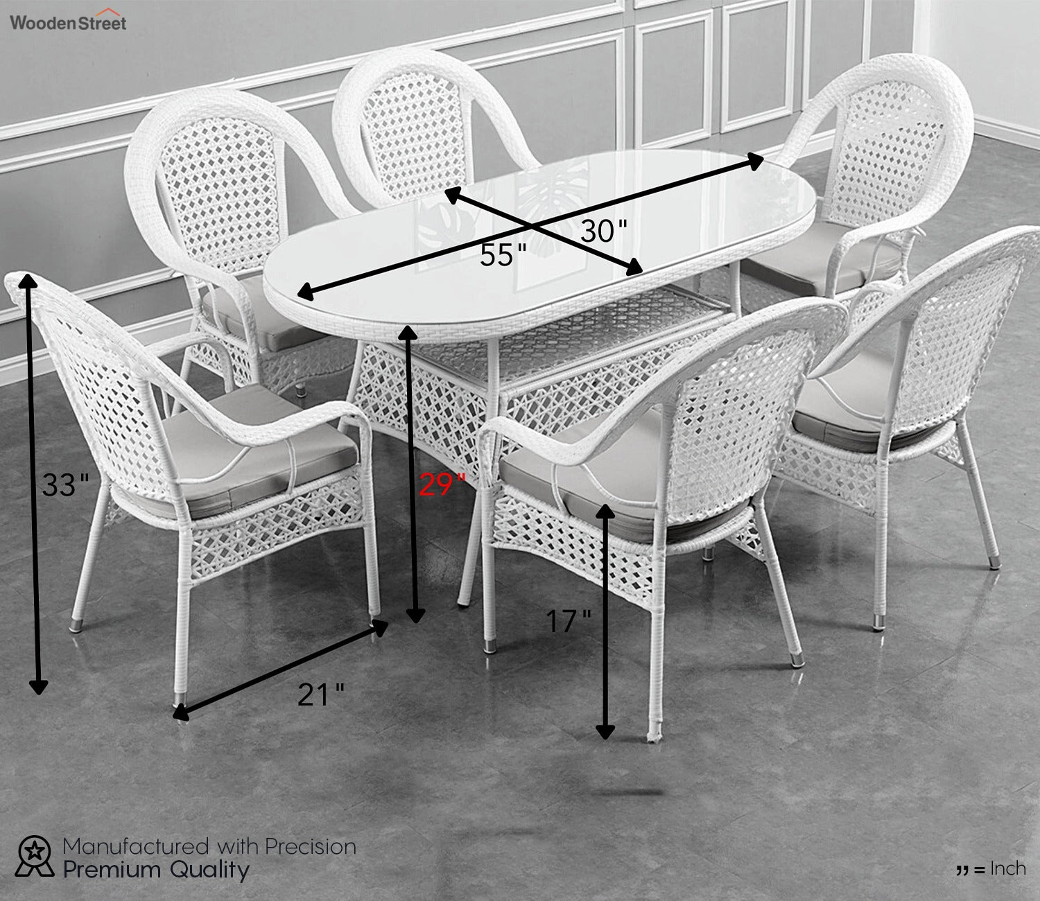 6 Seater Wicker Dining Table Set With Cream Cushions (White)