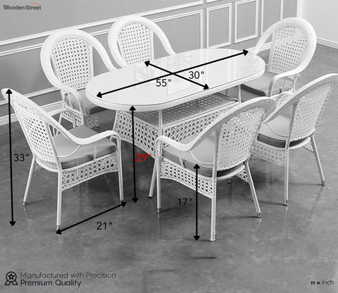 6 Seater Wicker Dining Table Set With Cream Cushions (White)