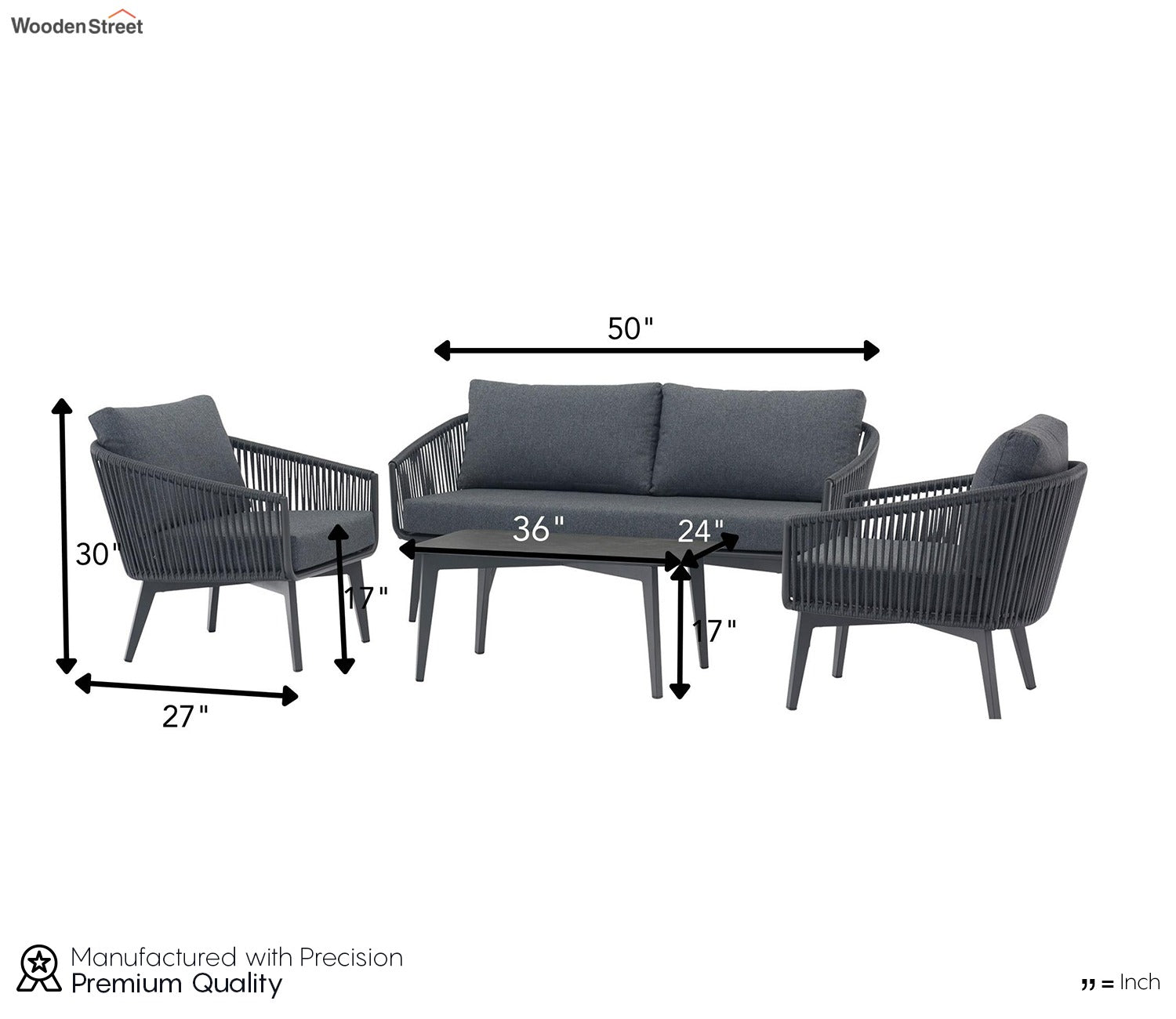 Grey Rope 4 Seater Sofa Set With Table And Grey Cushion color