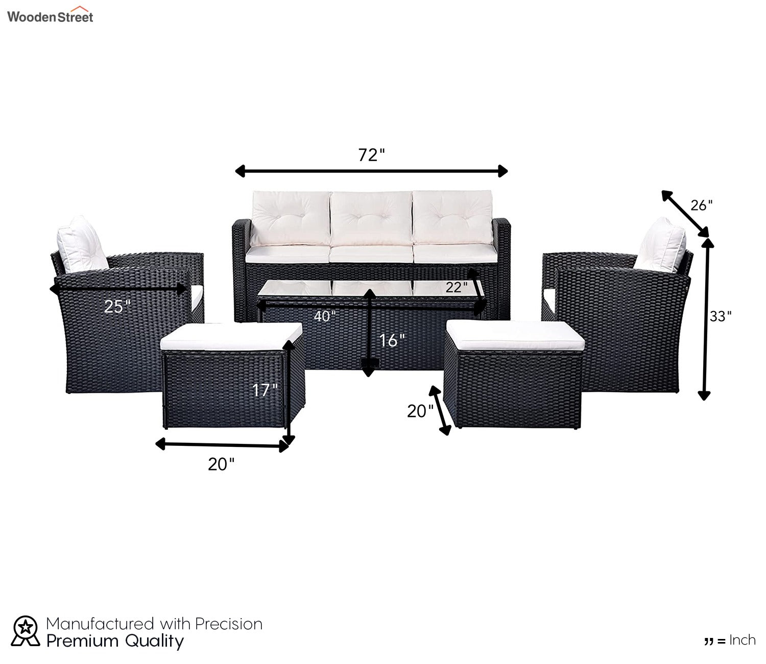 Black Rattan And Wicker 7 Seater Sofa Set With Table And Offwhite Cushions
