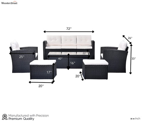 Black Rattan And Wicker 7 Seater Sofa Set With Table And Offwhite Cushions