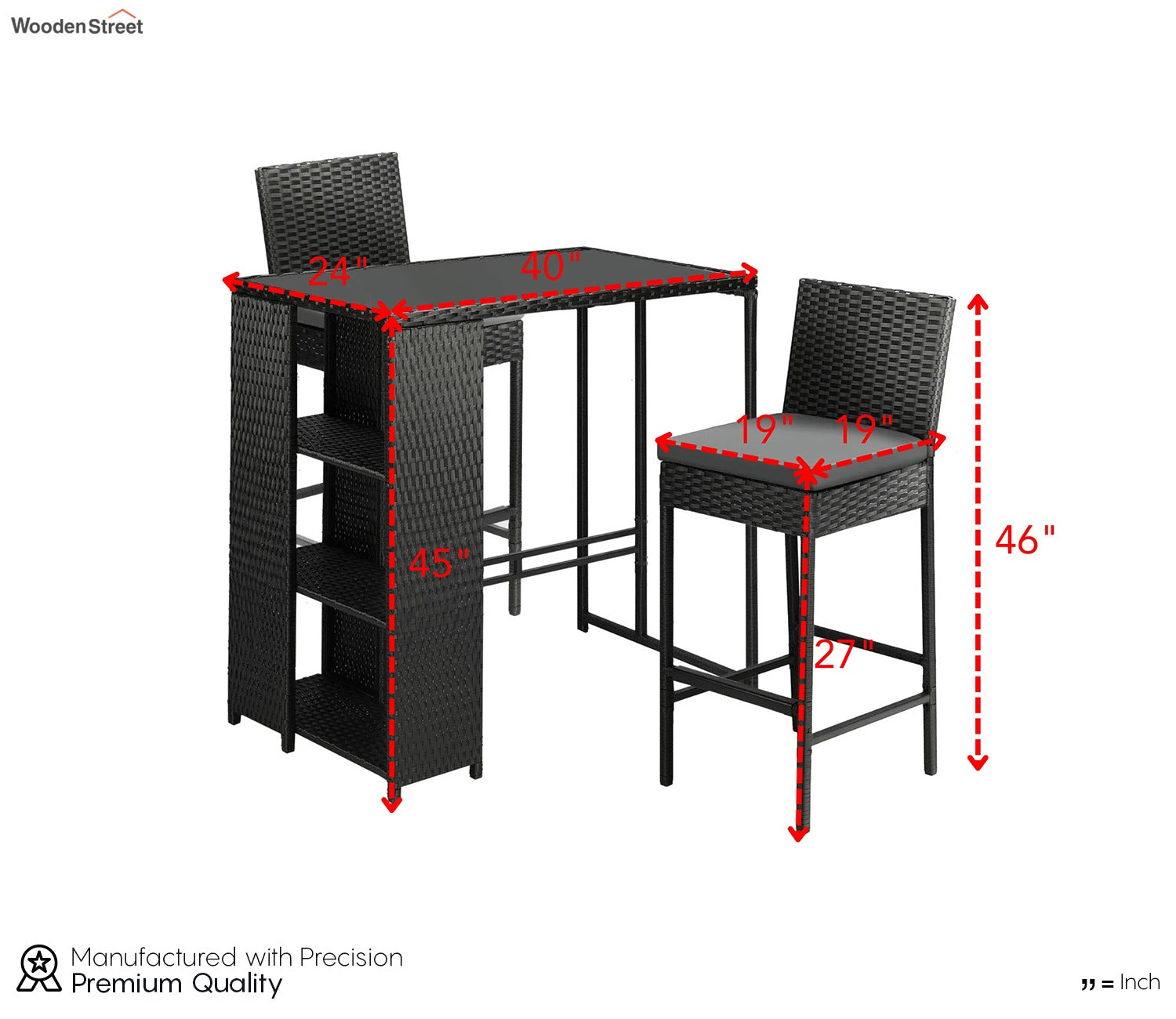 Black Rattan And Wicker 2 Seater Bar Set With Table And Grey Cushions