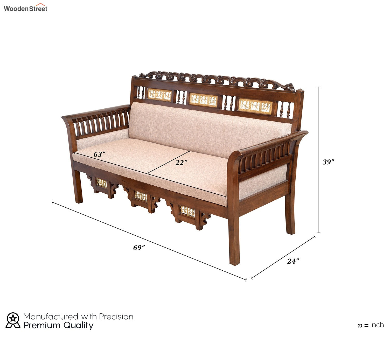 Maharaja Three Seater Sofa in Teakwood with Walnut Finish adorned with Dhokra Brass Frames