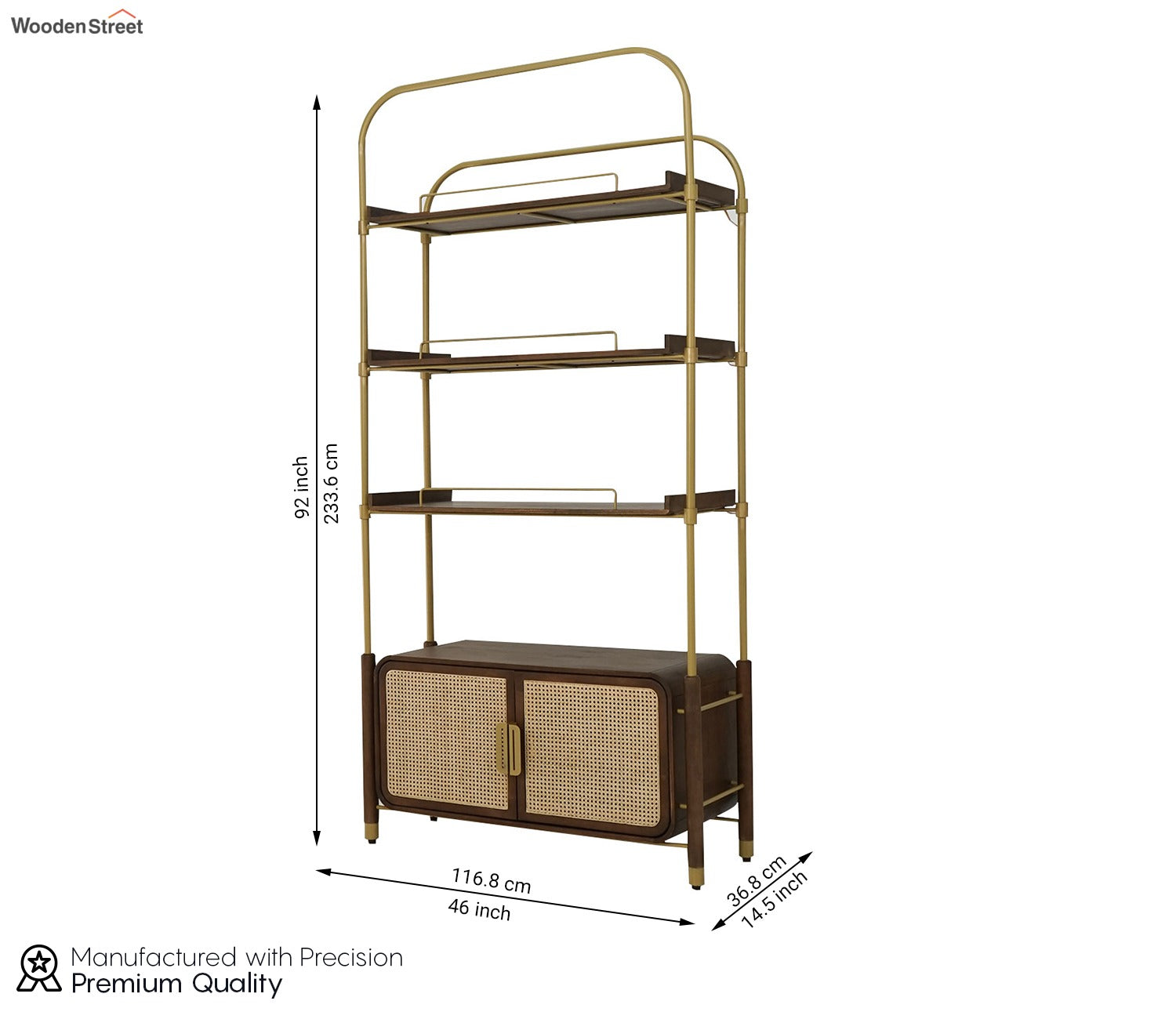 Rachit Sheesham Wood and Cane Door Brass Piping Book Shelf (Teak Finish)