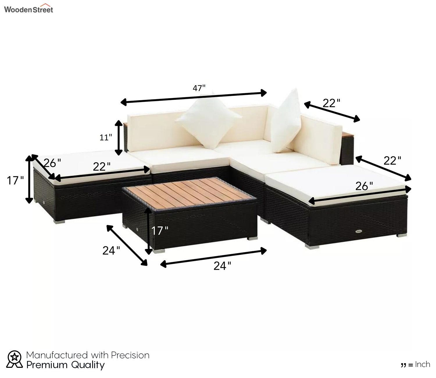 Black Rattan And Wicker 5 Seater Patio Set With Table And Cream Cushions