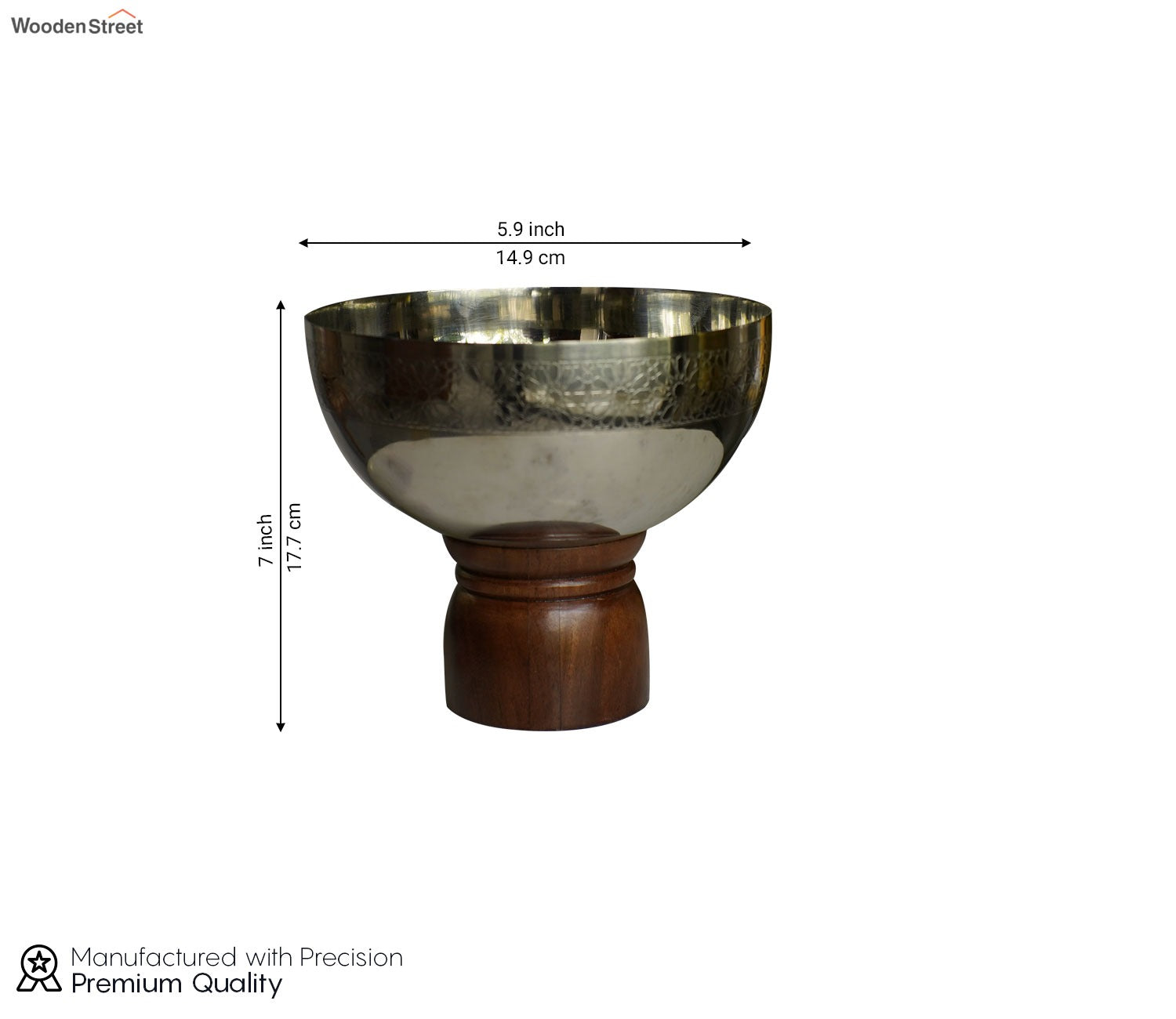 Ranier Metal and Wooden Base Round Bowl (L, Silver)