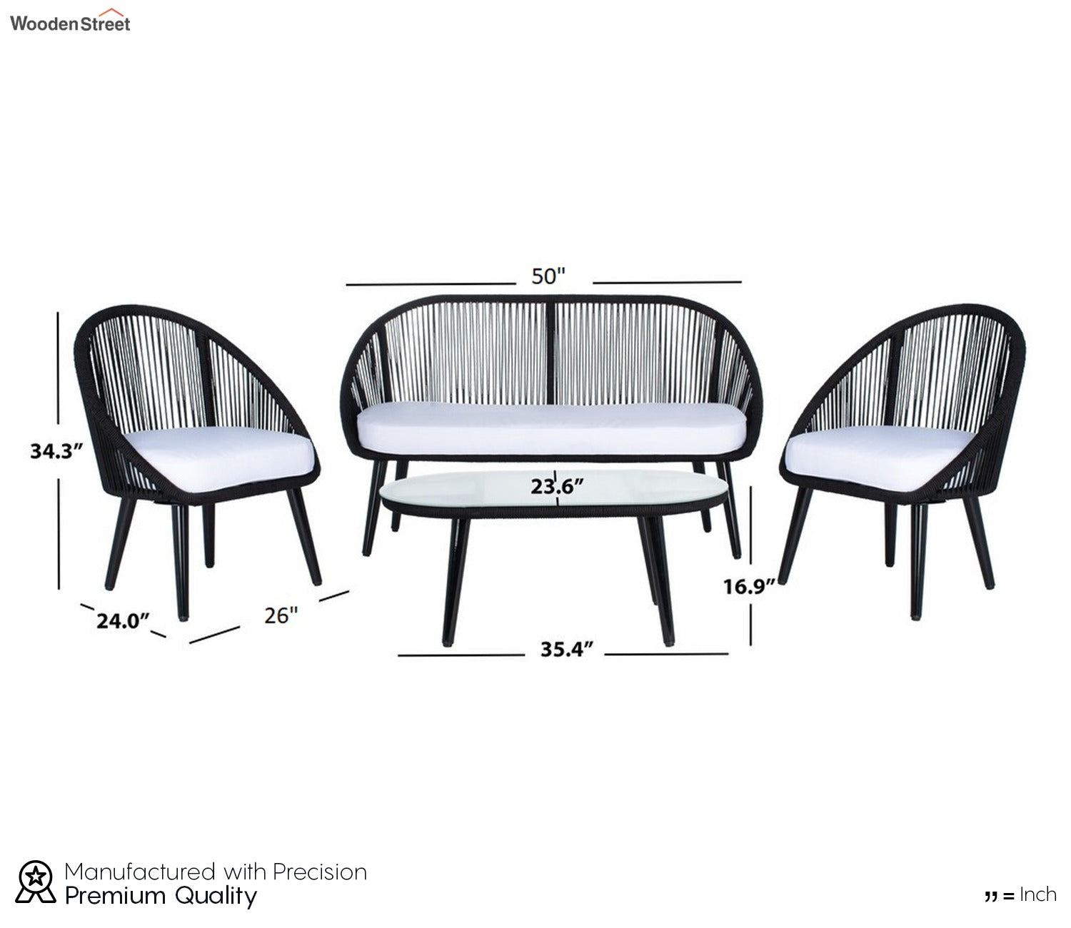 Black Rope 4 Seater Sofa With Table And White Cushions Patio Set