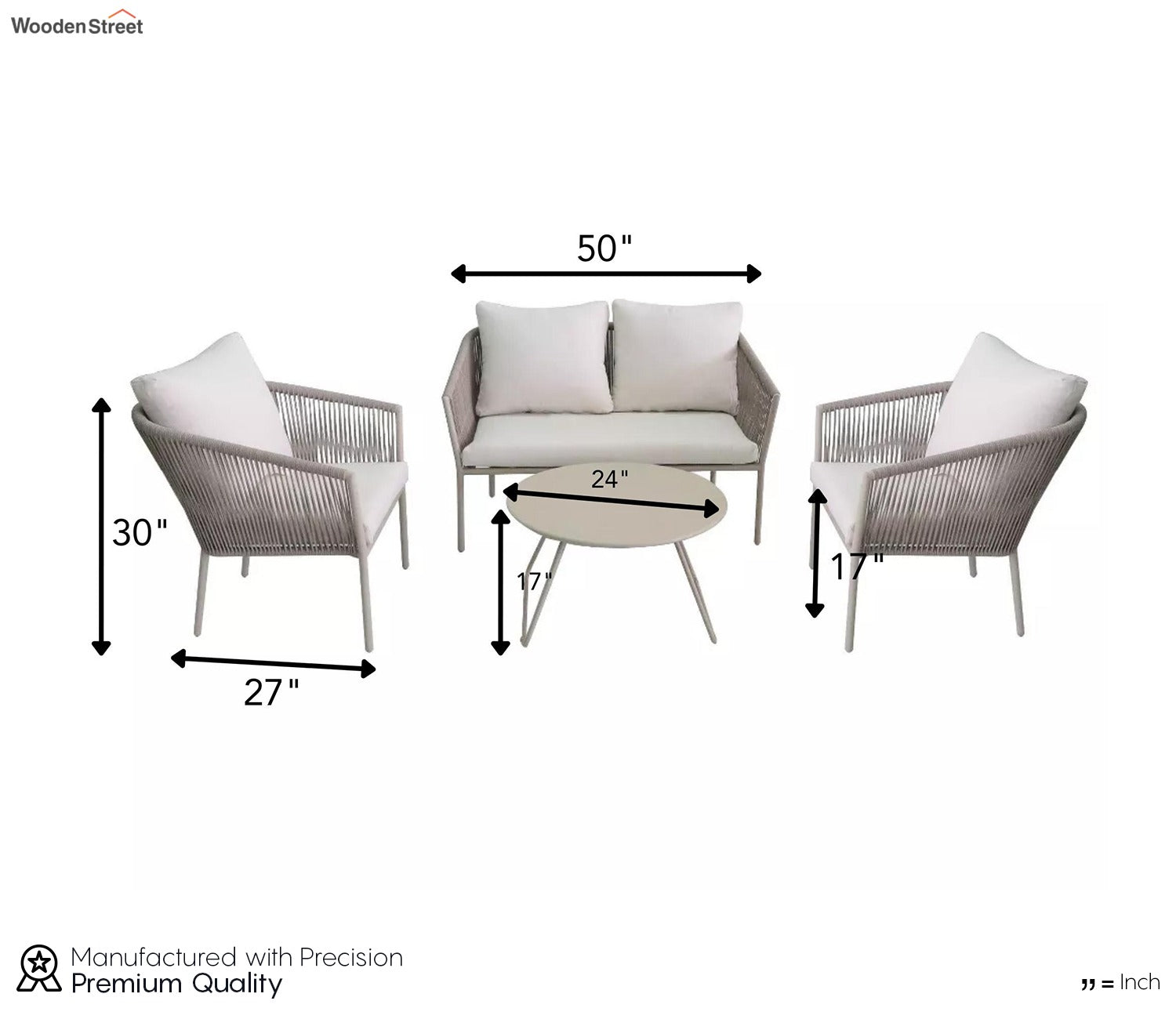 White Rope 4 Seater Sofa Set With Table And White Cushions Color