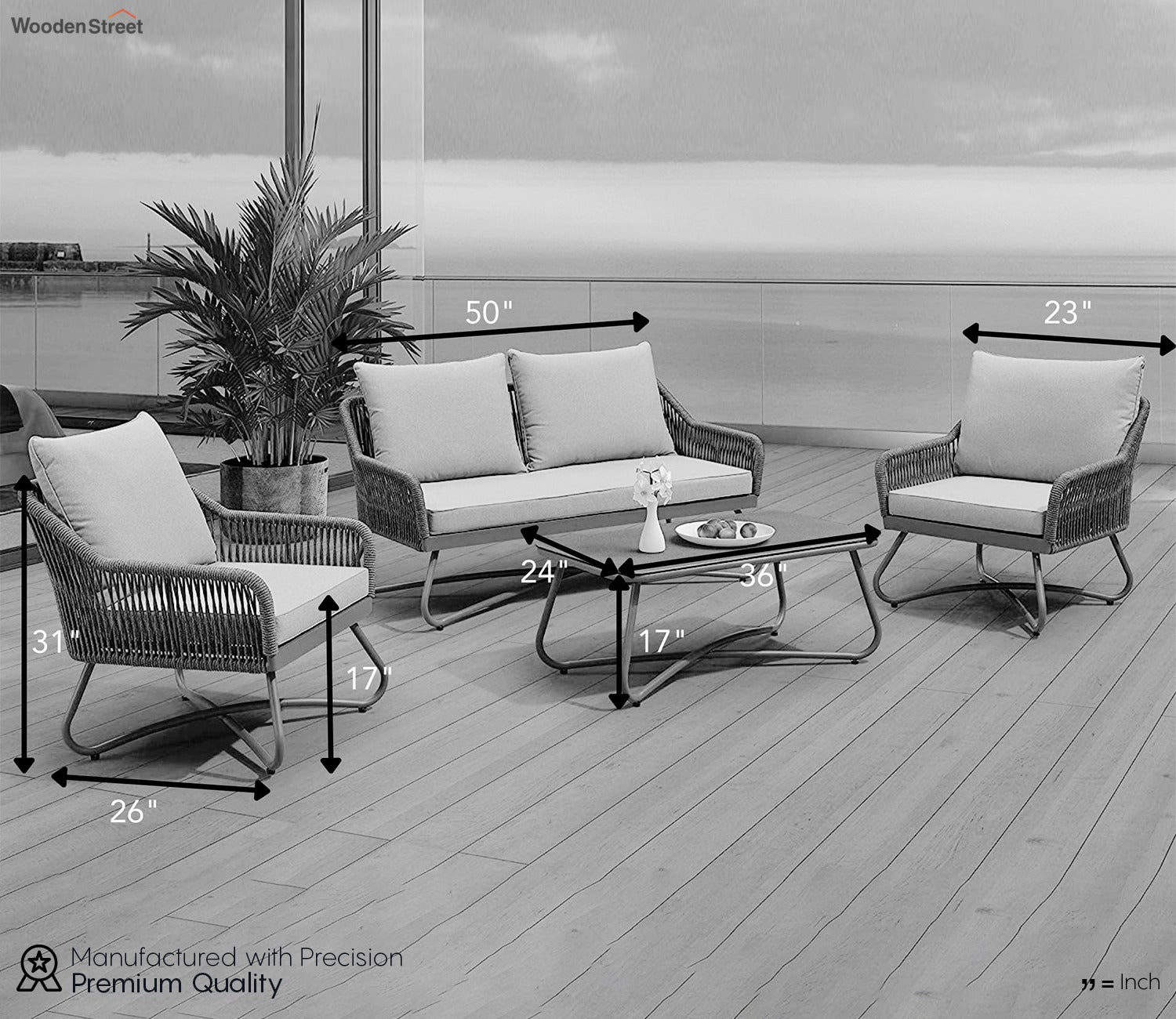 Grey Rope 4 Seater Set With Table And Grey Cushions