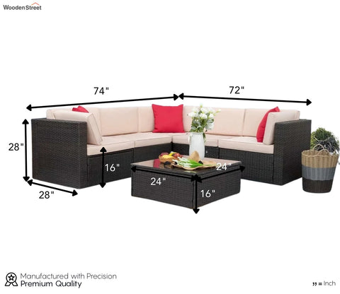 Dark Brown Rattan And Wicker L Shape Sofa Set With Table And Cream Cushions